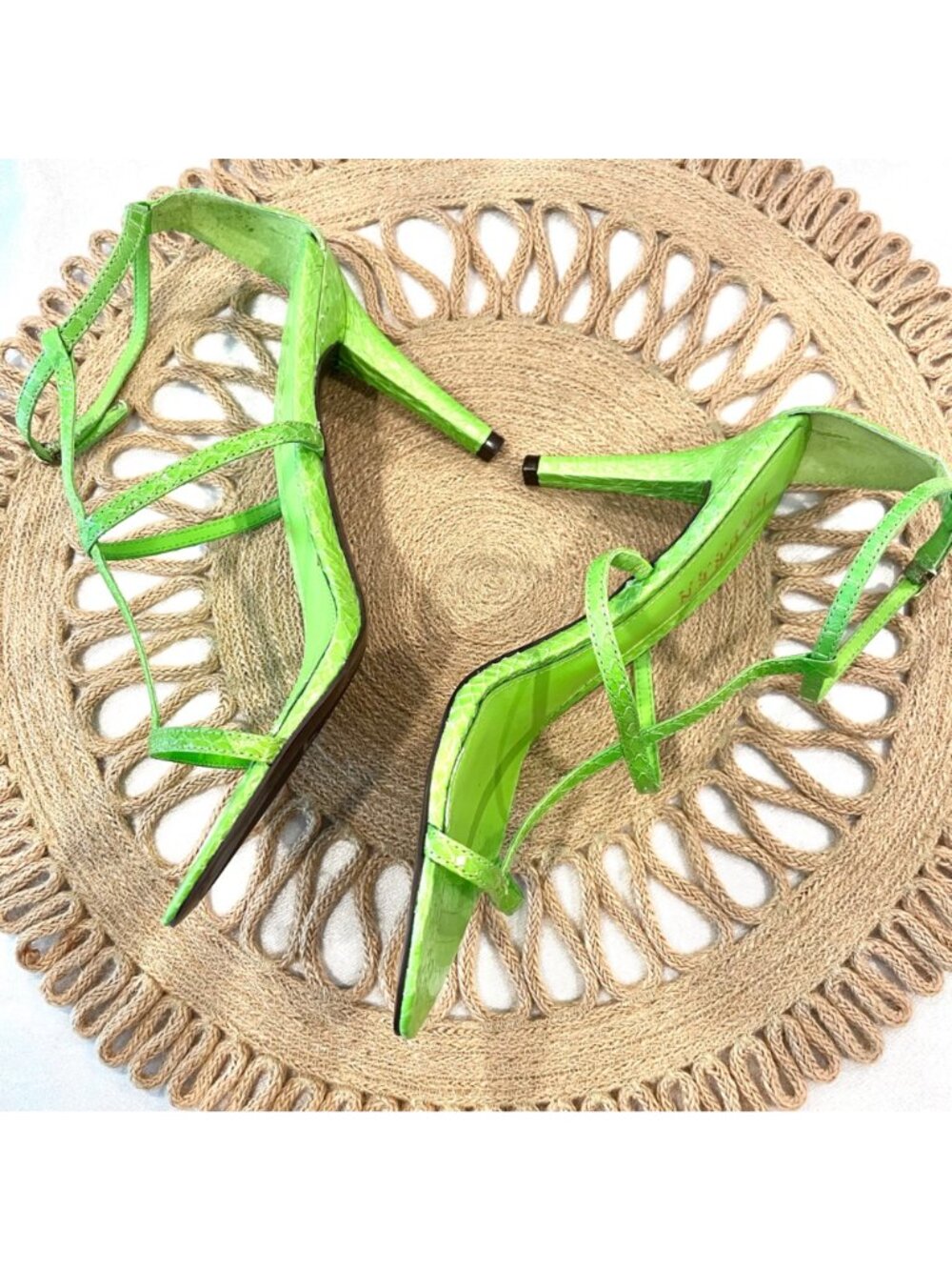 NWOT Lauren Ralph Lauren Green Leather Aida Open Toe Strappy Heels Size 7.5 - Picture 7 of 11